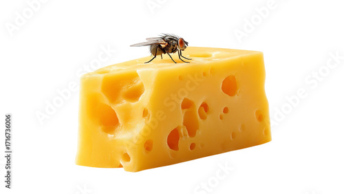 PNG of A close-up of a fly perched on a piece of yellow cheese, highlighting its texture and vibrant color.