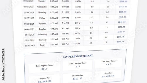 Employee timesheet record with animated data filling and payroll calculations progression