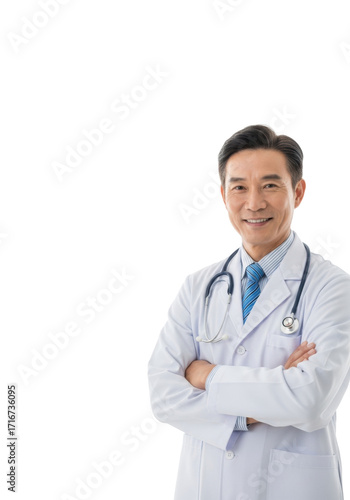 A middle-aged Asian male doctor in a crisp white lab coat and blue striped tie, stethoscope, arms crossed, warm smile, direct eye contact, transparent studio background with copy space, medical