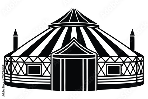Striking Black and White Illustration of a Classic Striped Circus Tent Structure
