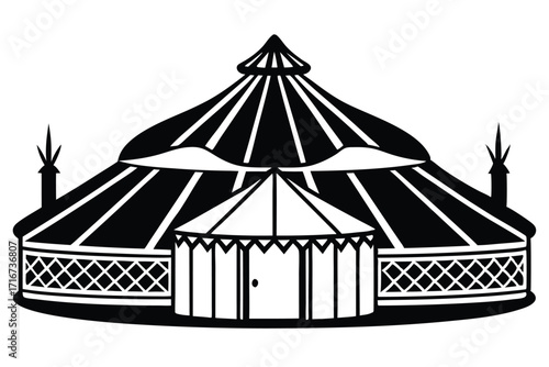 Black and White Vector Illustration of a Striking Circus Tent Design with Entrance