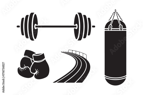 Fitness and boxing equipment silhouette icons