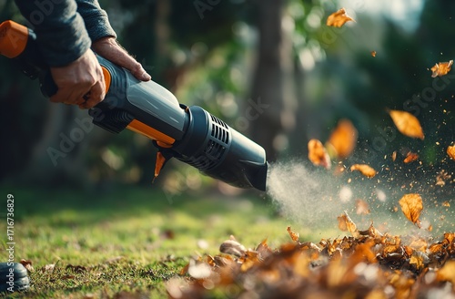 Close-up of person using electric leaf blower to clear lawn leaves on sunny day, green grass and tree background, warm tones