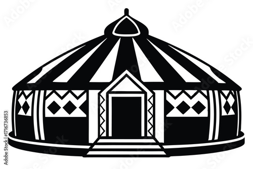 Striking Black and White Illustration of a Traditional Yurts or Nomad Tent