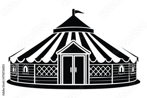 Stylized Black And White Circus Tent Illustration With Geometric Details And Small Flagpole