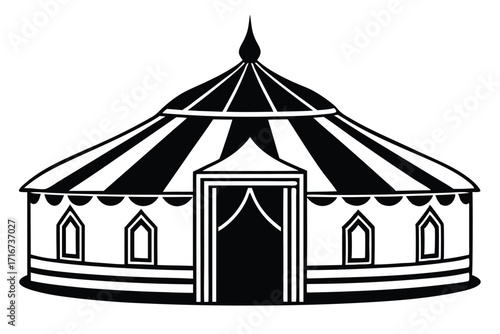Black and White Illustration of a Striped Circus Tent with Windows and Entrance