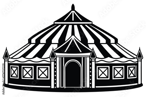 Black and White Illustration of a Striped Circus Tent with a Main Entrance