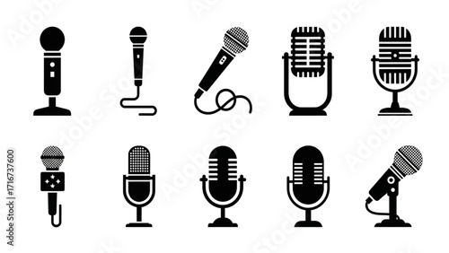Black Silhouette Microphone Icon Set – Karaoke, Podcast, Audio, Mic Symbols Collection