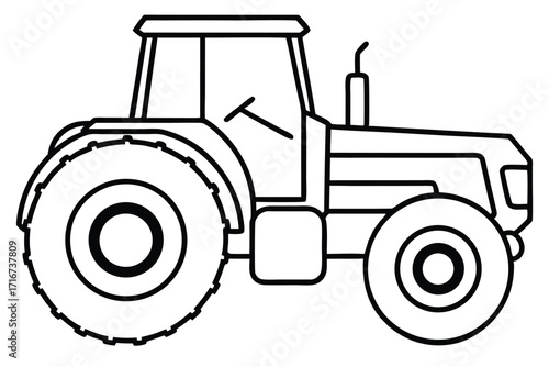 Black Outline of a Farm Tractor With Large Tires and Enclosed Cab Design