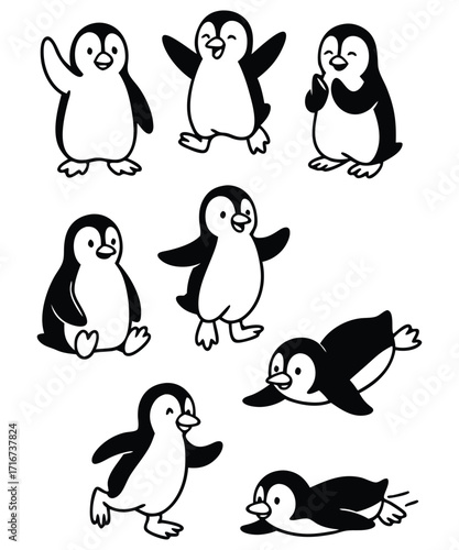 A black and white coloring page featuring adorable penguins delivering letters (with hearts on them) to a polar bear