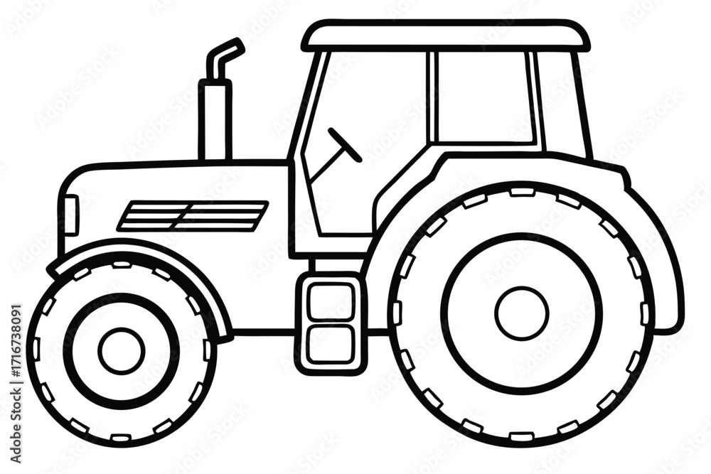 Obraz premium Outlined Cartoon Tractor with Large Tires, Cab, and Exhaust Pipe for Coloring Pages