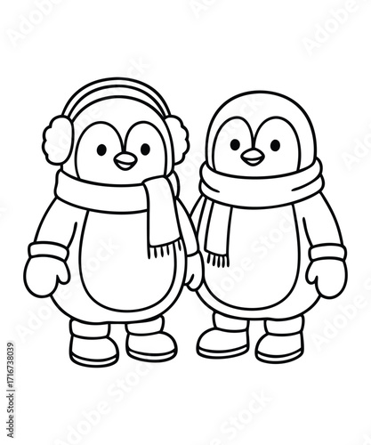 A black and white coloring page featuring adorable penguins delivering letters (with hearts on them) to a polar bear