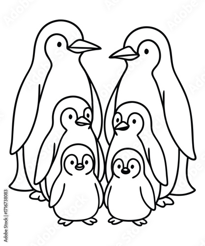 A black and white coloring page featuring adorable penguins delivering letters (with hearts on them) to a polar bear