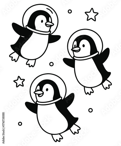 A black and white coloring page featuring adorable penguins delivering letters (with hearts on them) to a polar bear