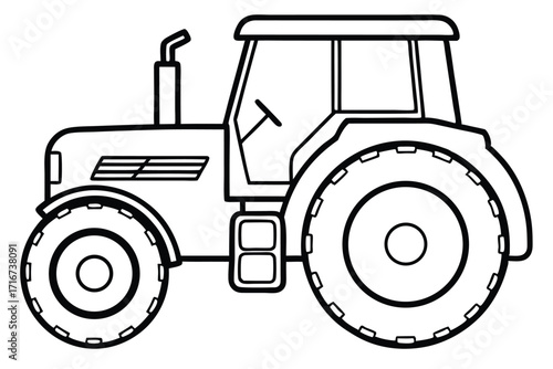 Outlined Cartoon Tractor with Large Tires, Cab, and Exhaust Pipe for Coloring Pages