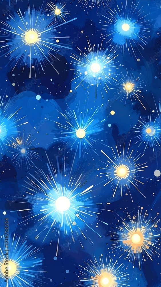 Naklejka premium A vibrant design showcases a multitude of bursting fireworks against a deep blue night sky, evoking a festive and celebratory mood.