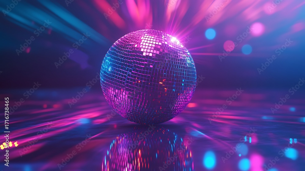 Obraz premium Purple and Blue Disco Ball with Streaking Lights and Reflections mirror ball party photo