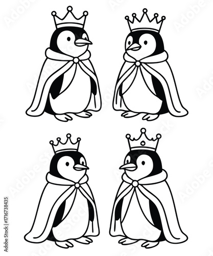 A black and white coloring page featuring adorable penguins delivering letters (with hearts on them) to a polar bear