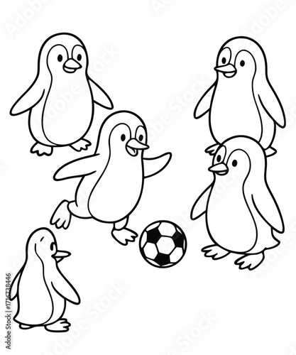 A black and white coloring page featuring adorable penguins delivering letters (with hearts on them) to a polar bear