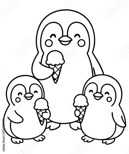 A black and white coloring page featuring adorable penguins delivering letters (with hearts on them) to a polar bear