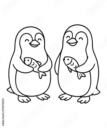 A black and white coloring page featuring adorable penguins delivering letters (with hearts on them) to a polar bear