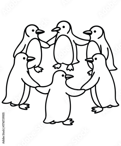 A black and white coloring page featuring adorable penguins delivering letters (with hearts on them) to a polar bear