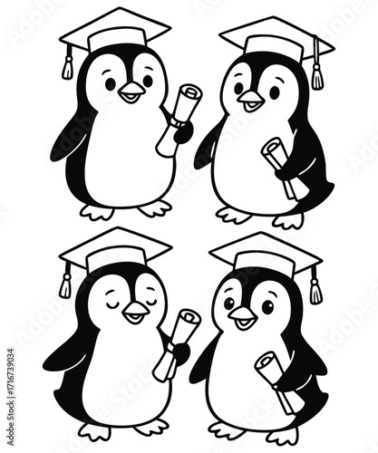A black and white coloring page featuring adorable penguins delivering letters (with hearts on them) to a polar bear