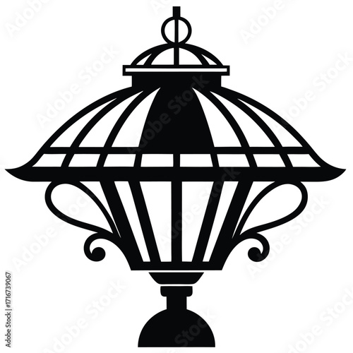Ornate Black Lantern Illustration with Dome Top and Decorative Elements, Vector Design