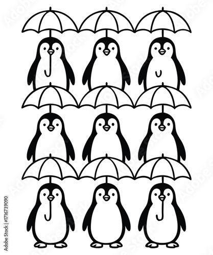 A black and white coloring page featuring adorable penguins delivering letters (with hearts on them) to a polar bear