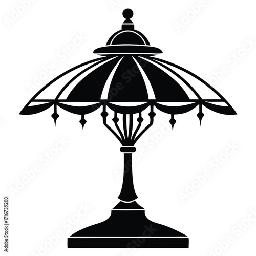 Detailed Black Silhouette of Vintage Styled Lamp with Shade and Ornamentation on Pedestal