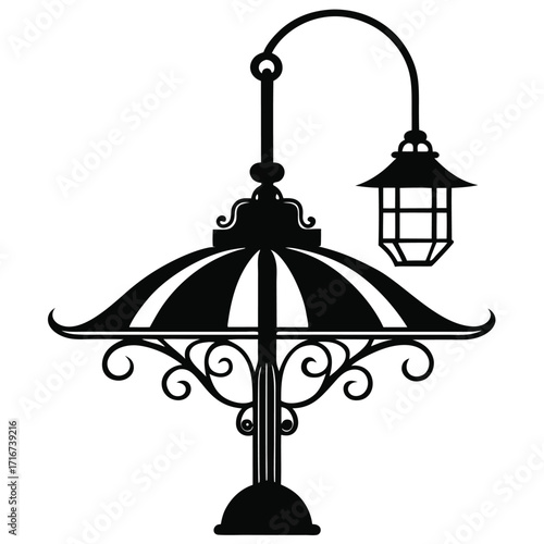 Ornate Silhouette of a Vintage Street Lamp with Decorative Elements and Retro Lantern