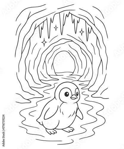 A black and white coloring page featuring adorable penguins delivering letters (with hearts on them) to a polar bear