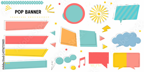 Collection of colorful abstract geometric shapes and banners with copy space for design