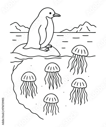 A black and white coloring page featuring adorable penguins delivering letters (with hearts on them) to a polar bear