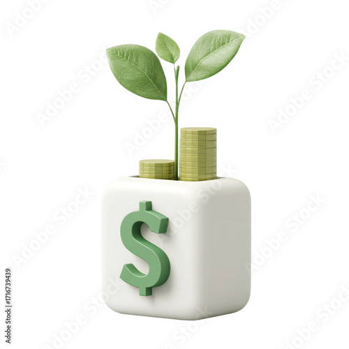 A 3d rendering of a white cube with a green dollar sign on the front, a small plant growing out of the top, and stacks of gold coins behind it, isolated on transparent background