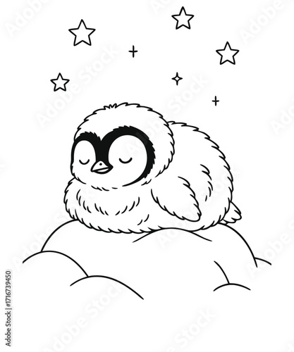 A black and white coloring page featuring adorable penguins delivering letters (with hearts on them) to a polar bear