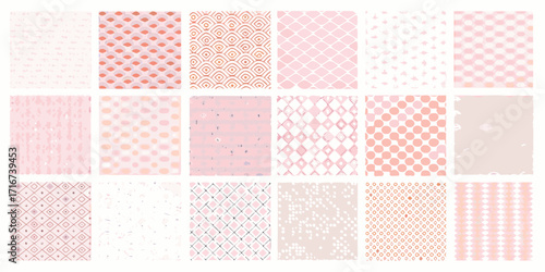 Collection of twenty four abstract seamless patterns in various pink and coral tones with geometric and organic designs