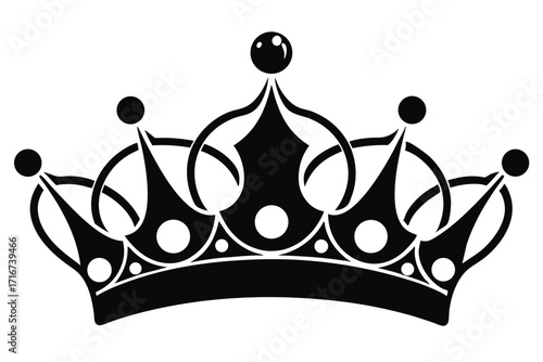 Black and White Crown Vector with Ornate Details and Circular Toppers Symbolizing Royalty
