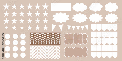 Collection of white and brown decorative elements including stars clouds bunting and frames on a beige background