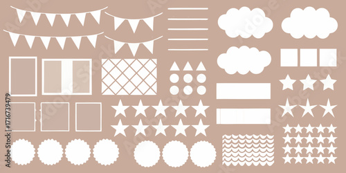 Collection of white decorative elements including bunting stars clouds squares circles and scalloped shapes on a beige background