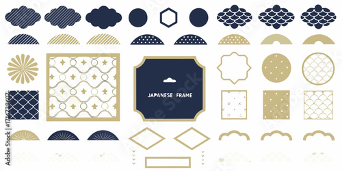Collection of japanese traditional decorative elements and frames in navy blue and gold colors