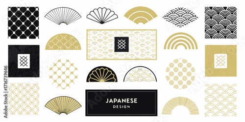 Collection of japanese inspired graphic design elements featuring fans waves and geometric patterns in black and gold