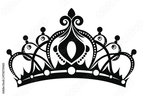 Ornamental Black Tiara Crown Design with Decorative Elements and Small Circles Accents Illustration