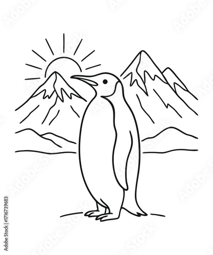 A black and white coloring page featuring adorable penguins delivering letters (with hearts on them) to a polar bear