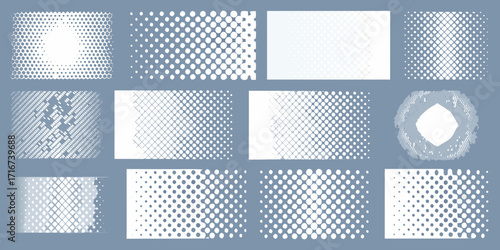 Collection of abstract geometric halftone patterns and textures with fading dots and grids