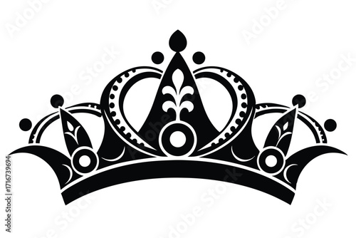 Intricate Black and White Crown Illustration Featuring Circles and Floral Design Elements