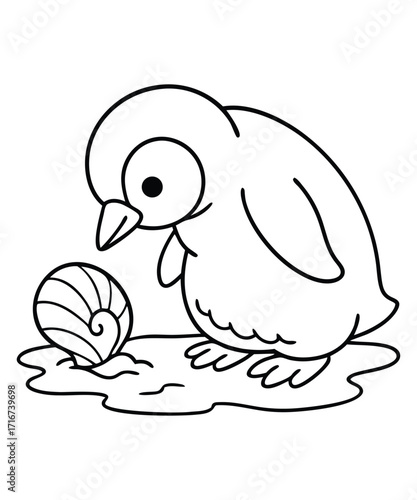 A black and white coloring page featuring adorable penguins delivering letters (with hearts on them) to a polar bear