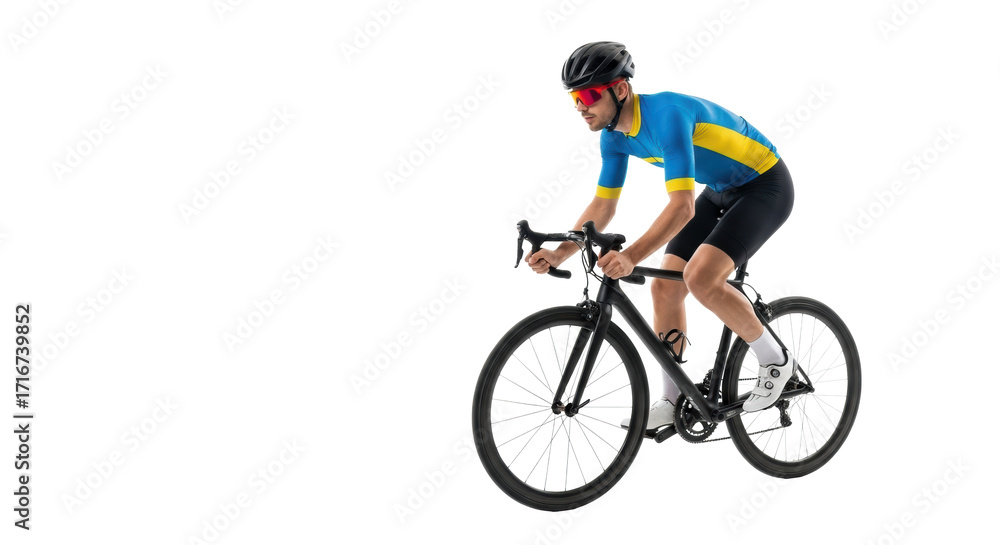 Fototapeta premium Focused young male cyclist in blue kit, aero helmet, red sunglasses, pedaling black bike on transparent studio background, competitive cycling concept