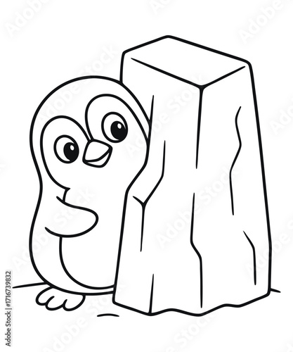 A black and white coloring page featuring adorable penguins delivering letters (with hearts on them) to a polar bear