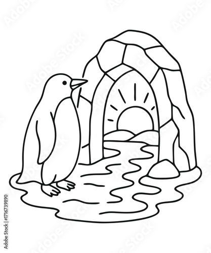 A black and white coloring page featuring adorable penguins delivering letters (with hearts on them) to a polar bear